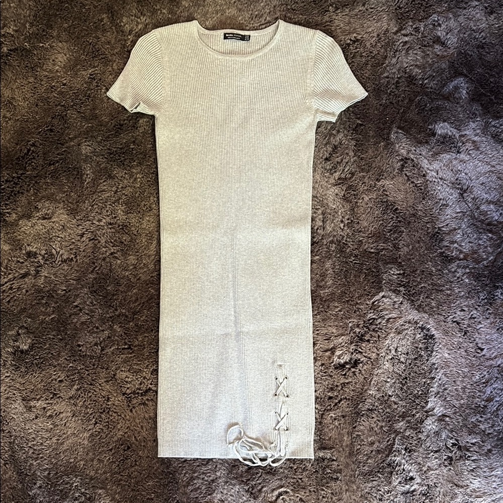 Bershka Grey Ribbed Knit Dress with Lace-Up Detail